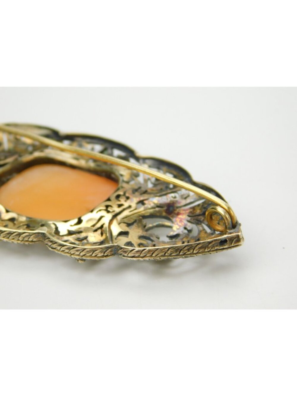 Antique 14k Gold 3.25" Filigree Floral Carved Shell Landscape Cameo Brooch Pin - Picture 13 of 16